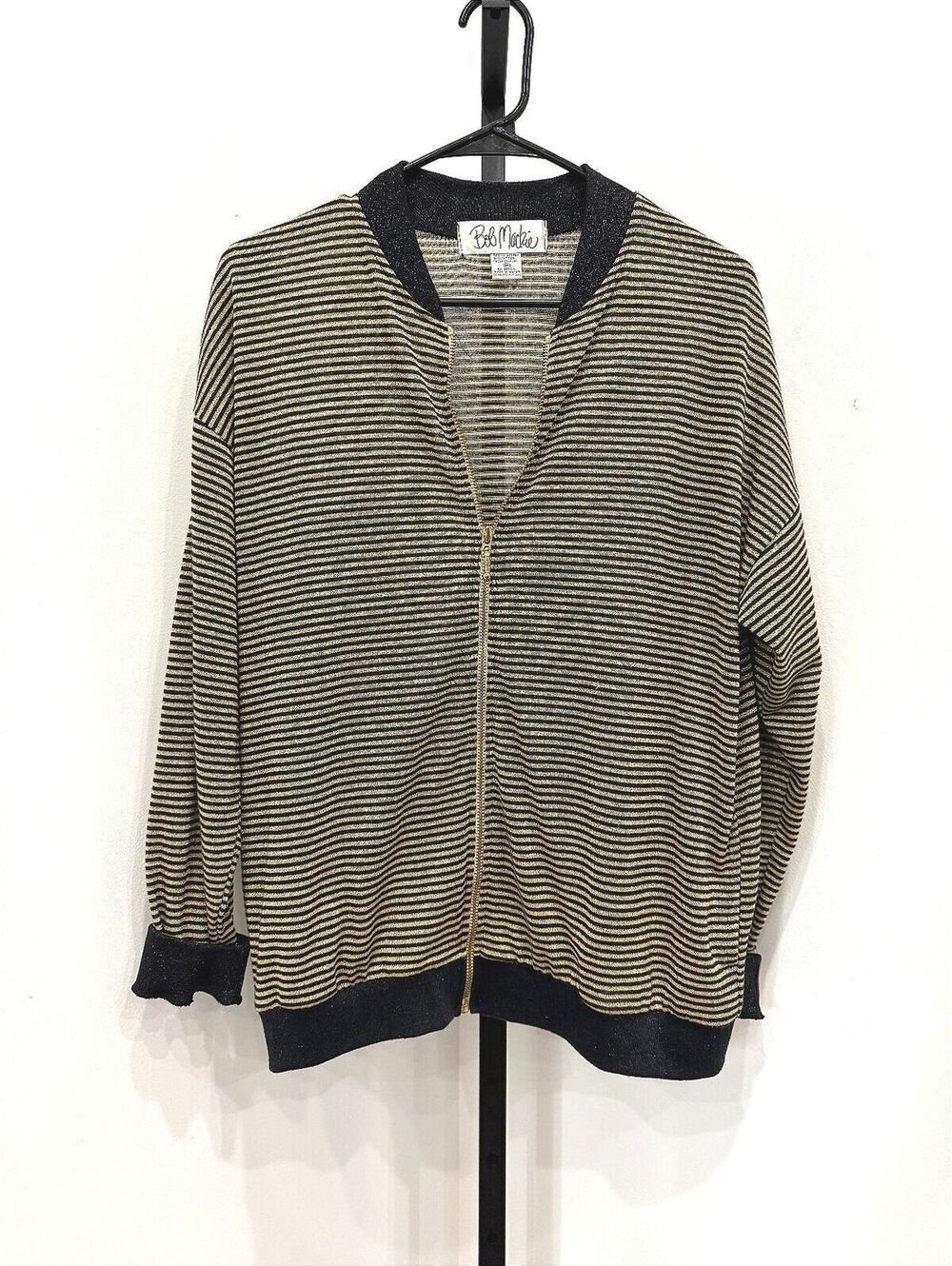 Bob Mackie Metallic Striped Full Zip Cardigan Sweater Medium